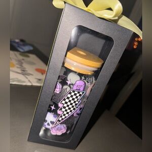 Brand new handmade glass bar with lid and straw.